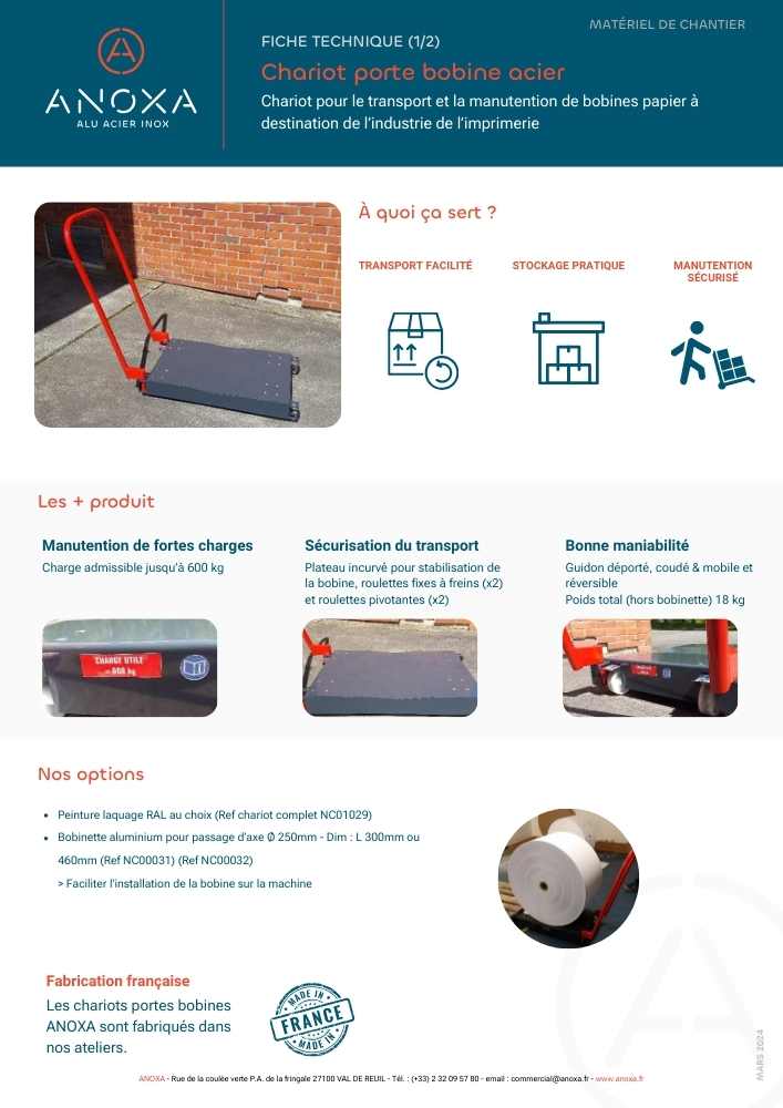 Fiche technique chariot porte bobine acier