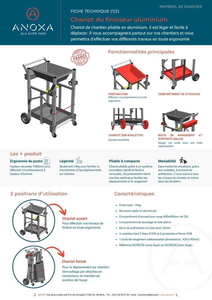 Fiche technique chariot du finisseur aluminium