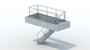 plan 3D garde-corps mécanosoudé et escalier sécurisant une trémie sur un site de production agricole