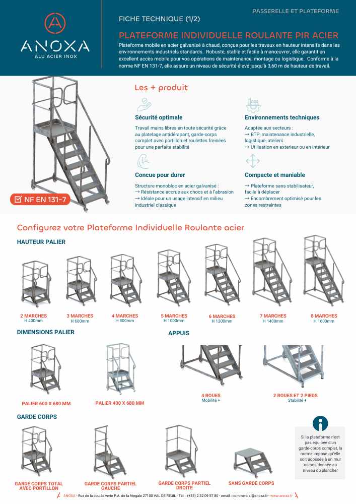 Fiche technique PIR Plateforme Individuelle Roulante (Acier)